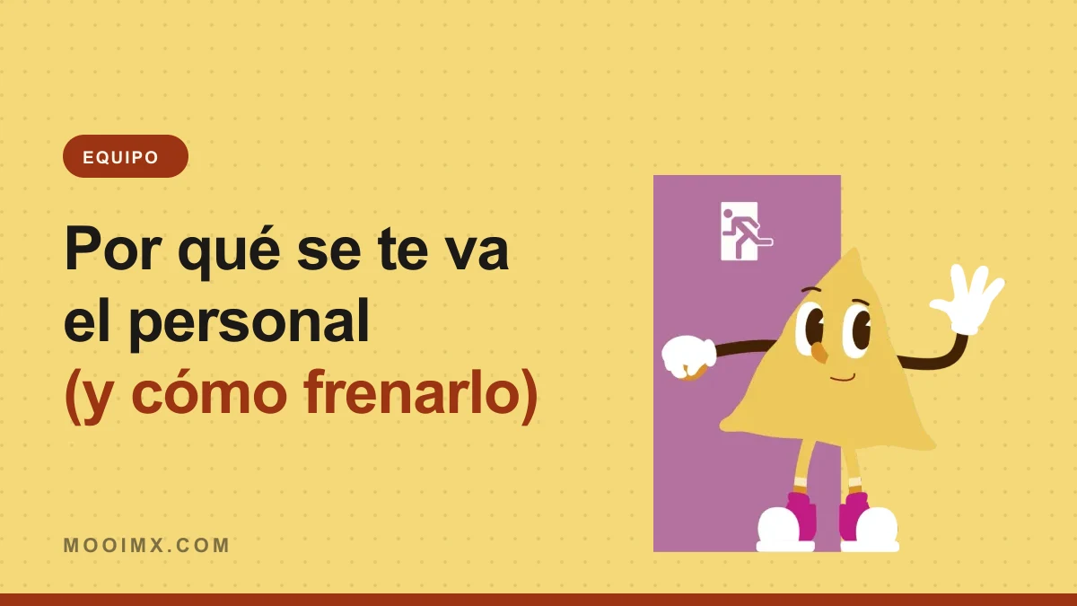 Ilustración de la mascota de MOOI junto a una puerta