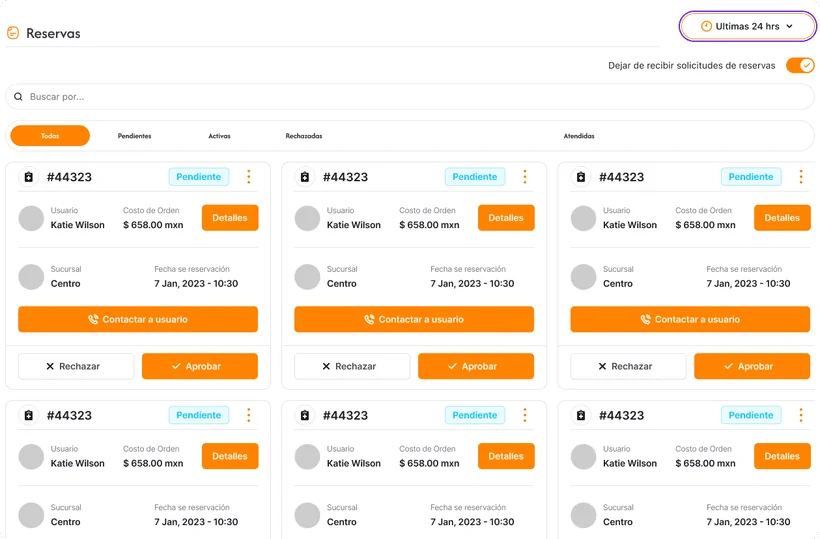 Pantalla de reservaciones de MooiAdmin con las mesas del día