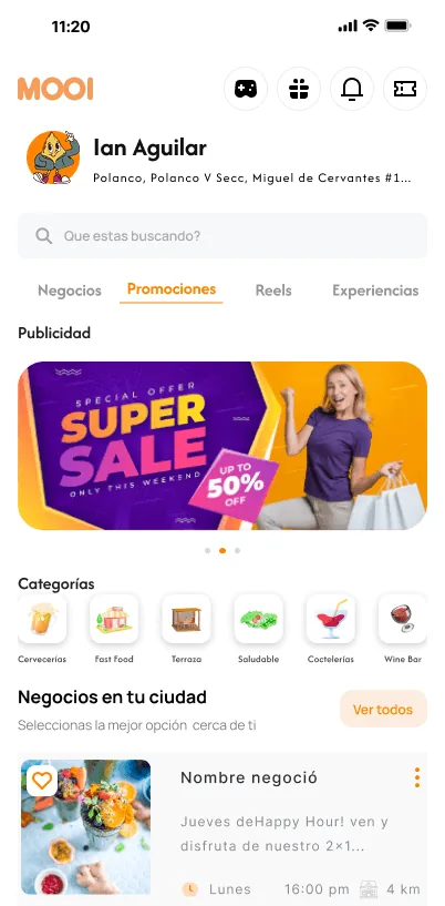 Pantalla principal de MooiApp con promociones cerca de ti